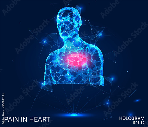 A hologram chest. Pain in the heart of polygons, triangles of points and lines. Health low poly compound structure. The technology concept.