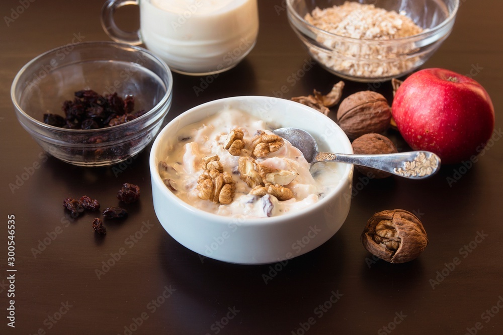 Healthy breakfast of milk and oatmeal