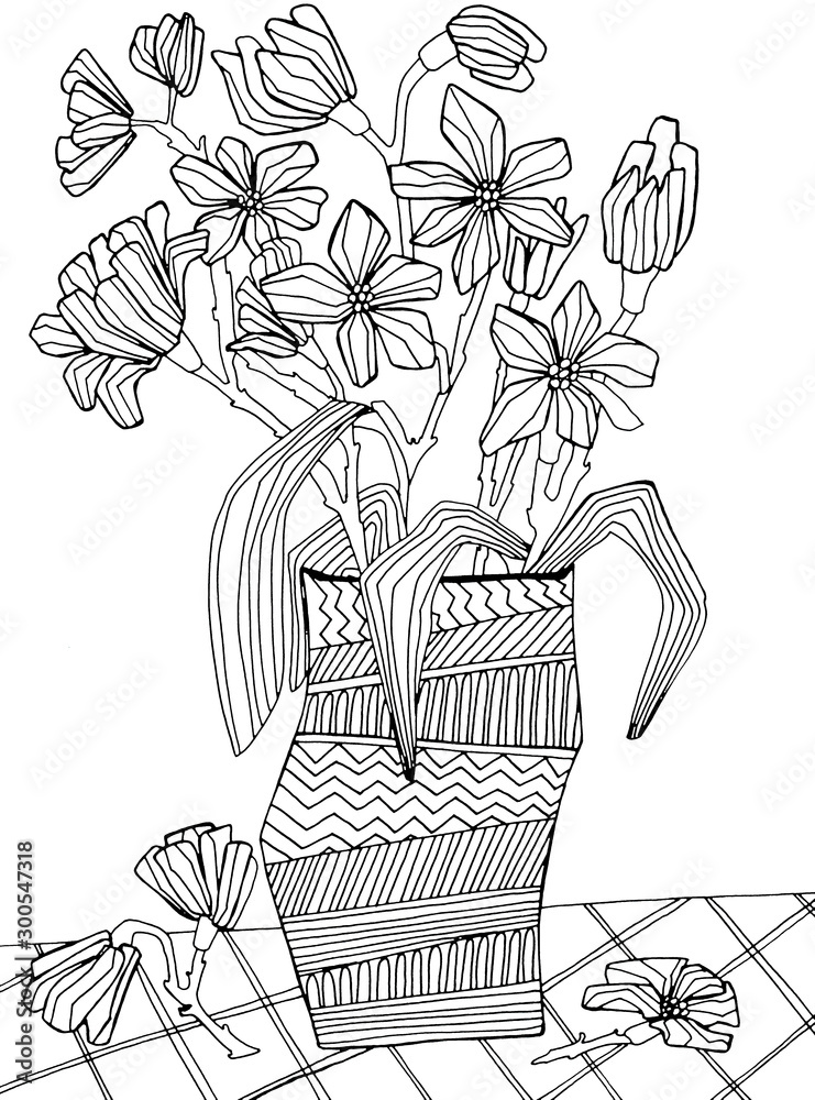 Naklejka Hand drawing coloring book for children and adult mascara. Beautiful drawings with patterns and small details. Still life vase with wildflowers, garden flowers. One of a series of anti-stress pictures