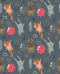 Deken met foto Dieren met ballon patronen Vector seamless pattern with wild forest animals fliyng on balloons.  © Andrei