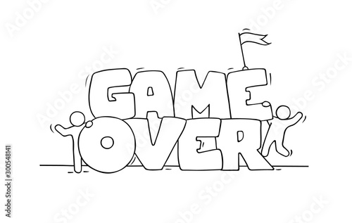 Sketch of little people with big words Game Over.