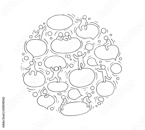 Cartoon circle illustration with speech bubbles.