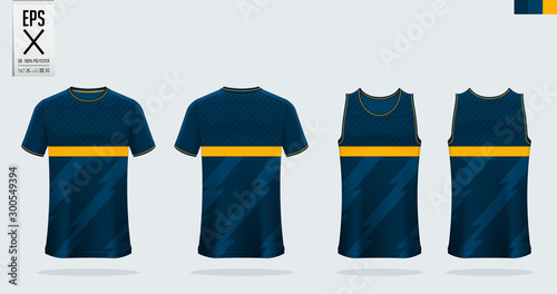 Blue t-shirt sport mockup template design for soccer jersey, football kit, tank top for basketball jersey and running singlet. Sport uniform in front view and back view.  Vector Illustration.