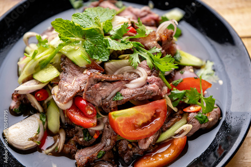 Beef salad,Spicy salad of roasted beef, Thai style food,Thai beef salad spicy dish.