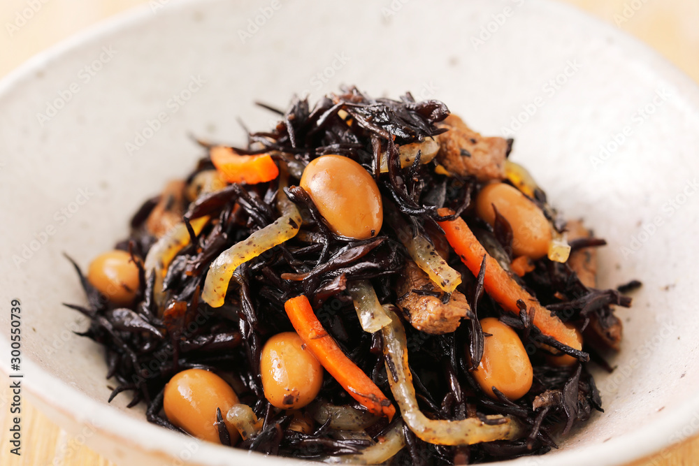 ひじきの煮物 Simmered Hijiki Seaweed and Soybeans, chopped carrot. ひじきの煮物 Simmered Hijiki Seaweed and Soybeans, chopped carrot.
