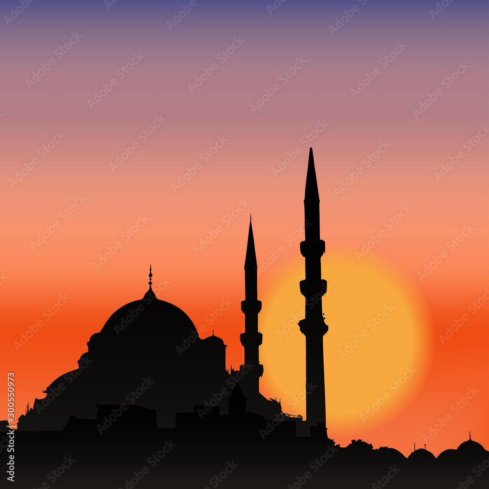 Mosque silhouette in sunset. Beautiful night landscape