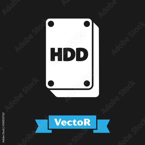 White Hard disk drive HDD icon isolated on black background. Vector Illustration