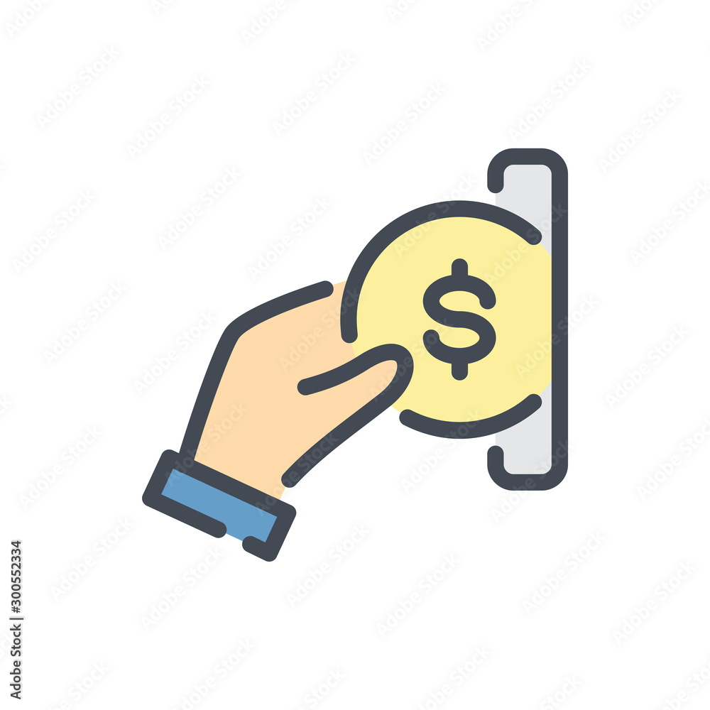Payment and Insert coin color line icon. Hand inserting coin vector outline colorful sign. Payment and Insert coin color line icon. Hand inserting coin vector outline colorful sign.