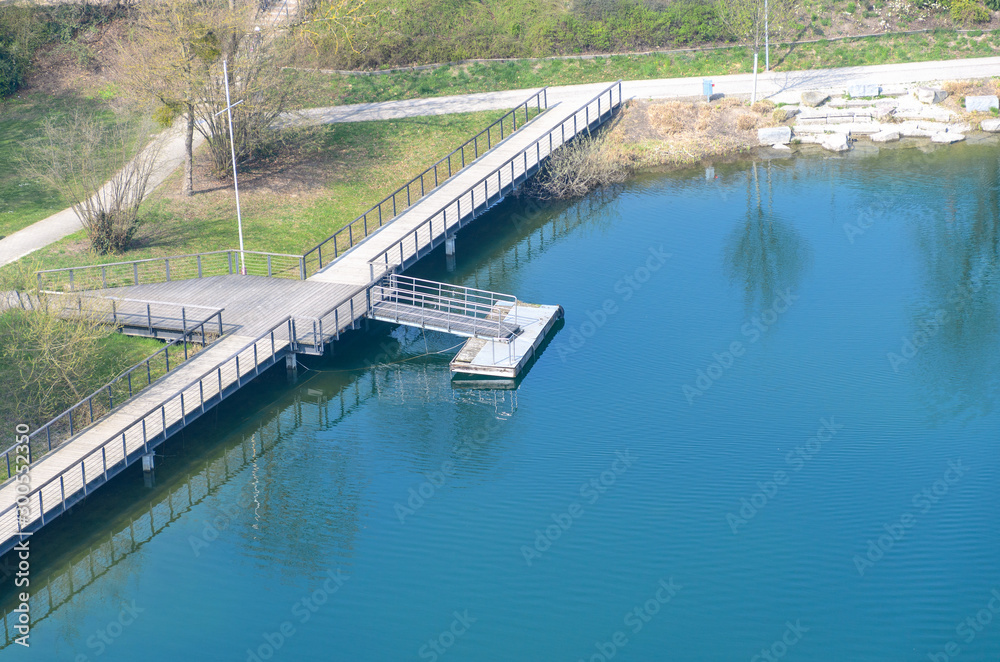 Elevated view of an empty waterfront promenade Elevated view of an empty waterfront promenade