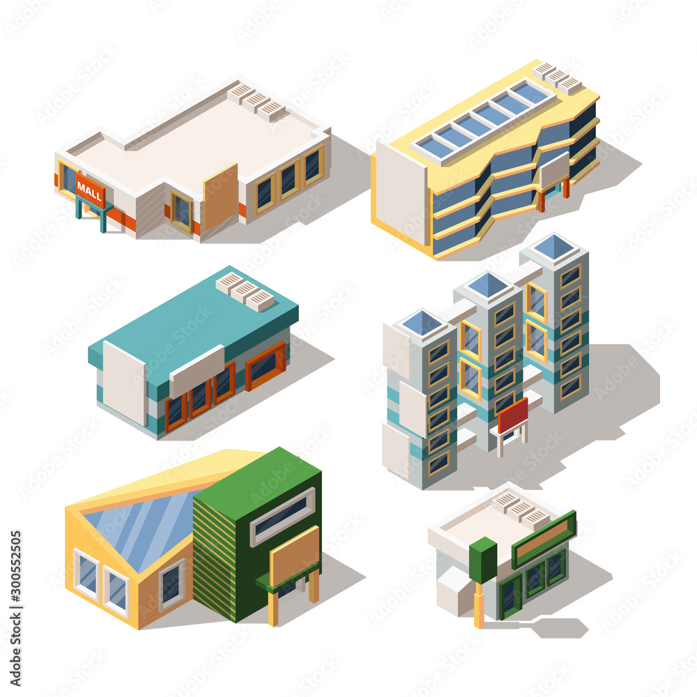 Shopping center exterior designs isometric 3D vector illustrations set Shopping center exterior designs isometric 3D vector illustrations set
