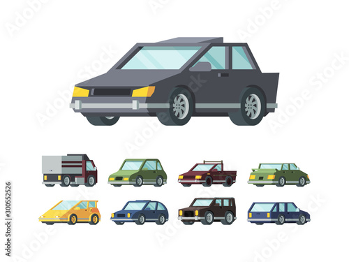 Modern automobiles models flat vector illustrations set