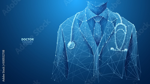 A closeup of a young doctor in medical lab coat with a stethoscope. Abstract vector low poly wireframe illustration with connected dots and polygonal shapes. Horizontal medical banner with copy space.