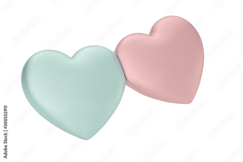Two hearts 3D rendering Isolated on white background. 3d illustration