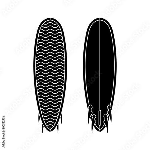 Surf board set. Black silhouette of surfboard.