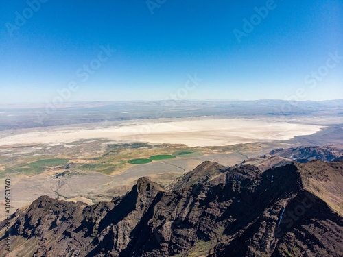 Aerial panoramic view at Alvord desert behind summit of Steens Mountains, south Oregon