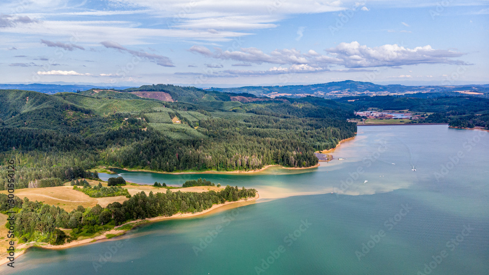 Aerial view at Henry Hagg Lake -  artificial lake in Washington County, northwest Oregon - a popular place for picnicking, boating and other summer activities