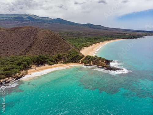 Aerial view at Puu Olai cinder cone, Little and Big beach of Makena state park