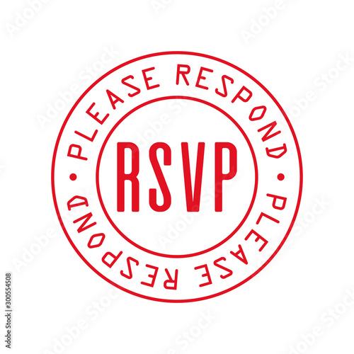 RSVP red stamp. Please respond isolated badge on white background.