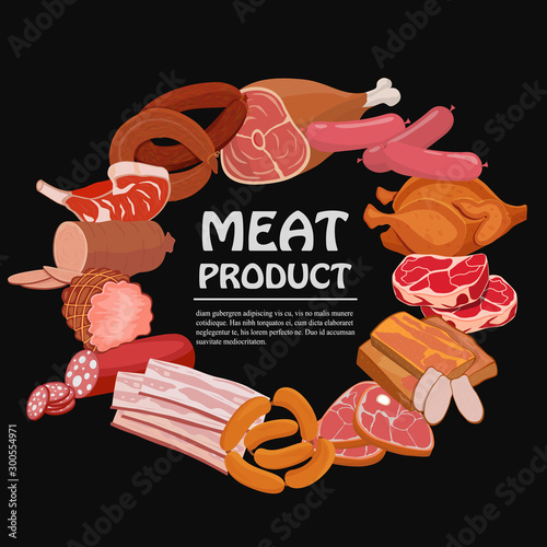 Banner with meat products. Roast chicken and prime rib, sausage, salami and ham, sirlon, bacon, sucuk and smoked meat, turkey and t-bone steak