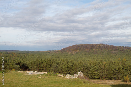 Landscape of limestone cliffs of the Krakow-Czestochowa Upland. Cliffs in Mirow in sunny weather.