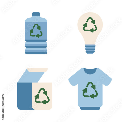 Ecology icons of plastic bottle, clothes, paper box, light bulb with recycling symbol. Vector illustration isolated from white background