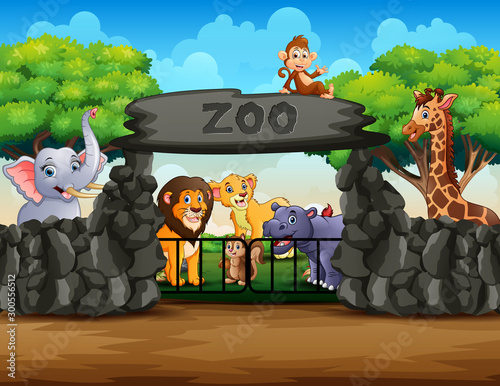 Zoo entrance outdoor view with different cartoon animals