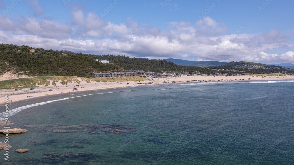 Panoramic view at a Pacific City, Oregon from the top of Cape Kiwanda sand dune.