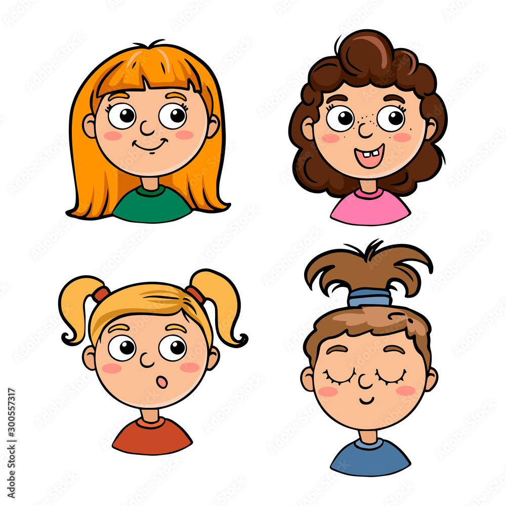 Collection of portraits of children in cartoon style. Cute characters kids girls Collection of portraits of children in cartoon style. Cute characters kids girls