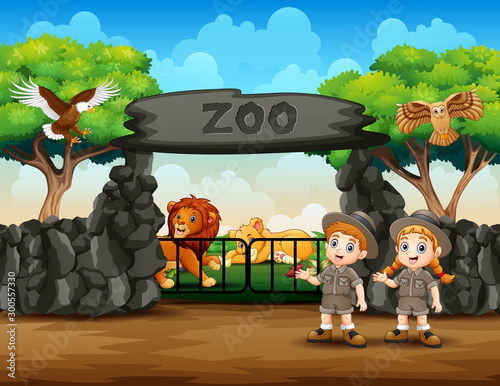 Zookeeper and wild animals at zoo entrance illustration