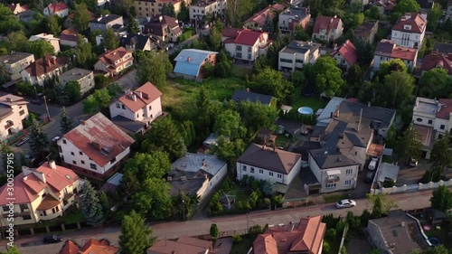 The drone flies above Sadyba - Warsaw district.