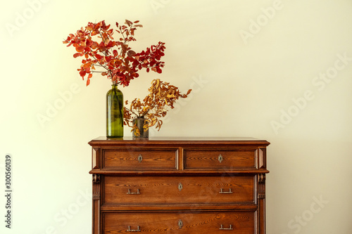 Fotografie Wooden chest of drawers with floral branches in vase