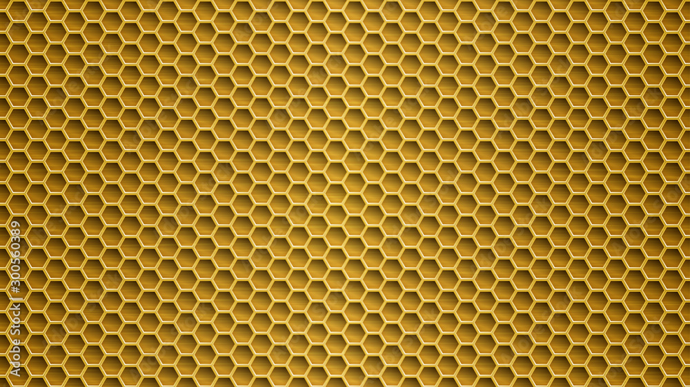 Abstract metal background with hexagonal holes in yellow colors