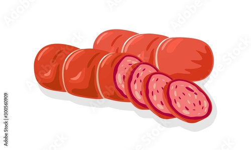 Red cervelat, ham, sausage, kielbasa, salami, mortadella, pepperoni cutted to slices for sandwiches, meat platter. Vector cartoon illustration of butchery or homemade product isolated on white.