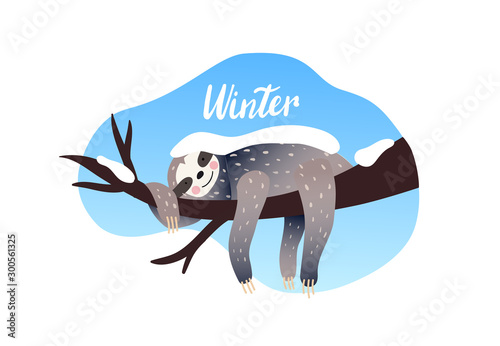 Winter time. Cute lazy sloth sleeping on a branch of the tree under the snow. Winter type lettering. Vector calligraphy. Cartoon style, vector illustration. Winter time quote lettering.