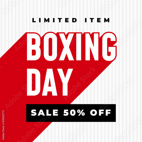 Boxing day sale 50% off social media poster template design with long shadow typography style and stripe background poster vector illustration
