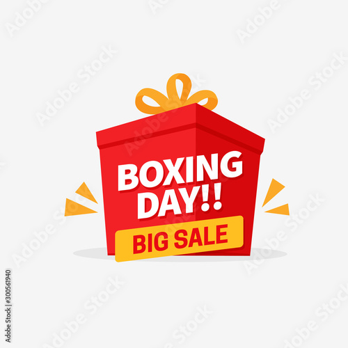 Boxing day big sale social media poster badge template design with gift box background illustration and ribbon banner vector