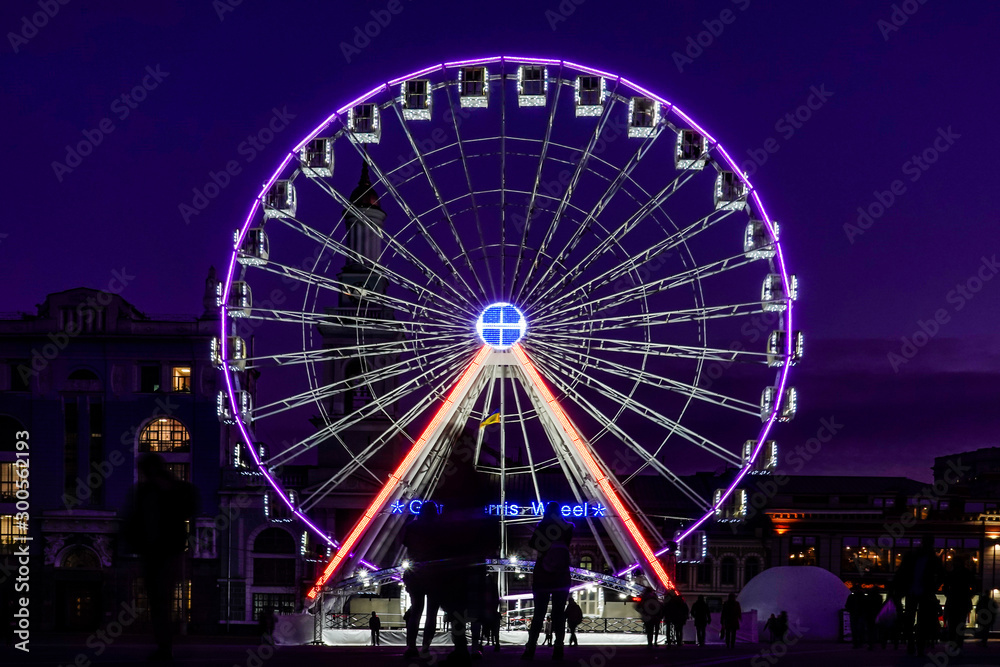 Kiev, Ukraine A ferris wheel at night in the Podil section of town.