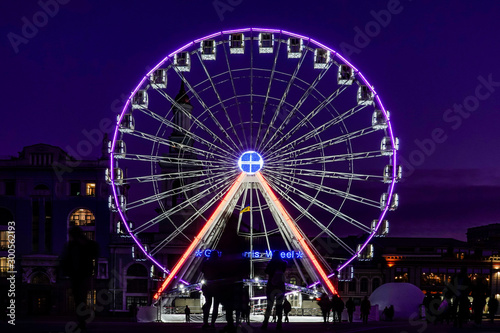 Kiev  Ukraine A ferris wheel at night in the Podil section of town.