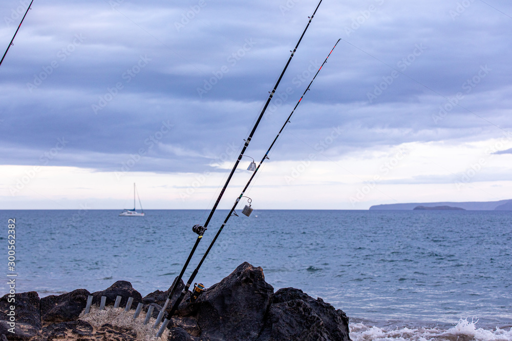 Fishing rods in a white stands on a side of a black rock against an ocean, Maui, Hawaii Fishing rods in a white stands on a side of a black rock against an ocean, Maui, Hawaii
