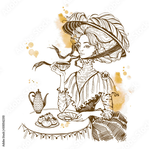 Beautiful vintage lady. Tea party. Girl in a hat drinking tea. Engraving. Graphics. Brown. Vector