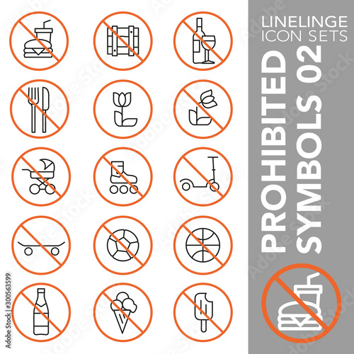 Thin line Icon set of Prohibited Symbols 02. Linelinge are the best pictogram pack unique design for all dimensions and devices. Vector graphic, symbol, logo and website content.