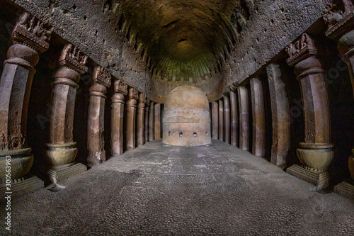 Kanheri caves city Mumbai state maharashtra in India. It is a ancient monuments and old temple building related to God budha. It is situated in the mid of forest in borivali on 21 August 2019 photo