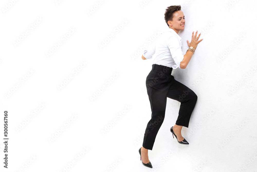 Young caucasian woman happy and jumps Young caucasian woman happy and jumps