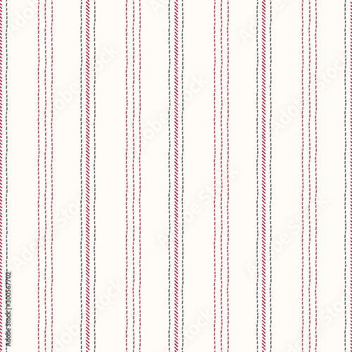 Hand-Drawn Vertical Stripes with Red and Black Embroidery Stitches on White Background Vector Seamless Pattern
