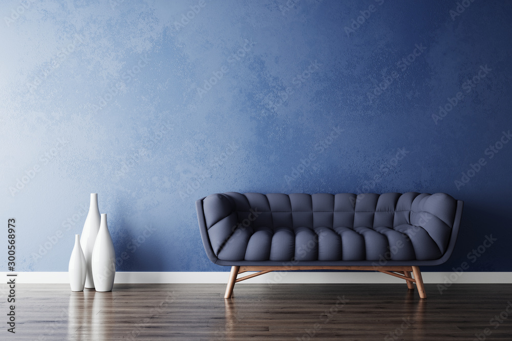 Blue sofa and white vases - obrazy, fototapety, plakaty 