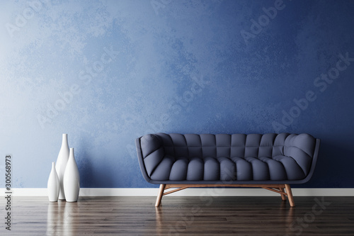 Blue sofa and white vases