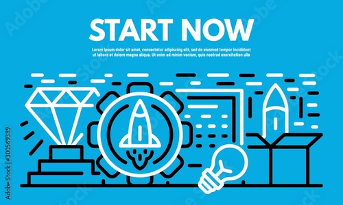 Start now banner. Outline illustration of start now vector banner for web design