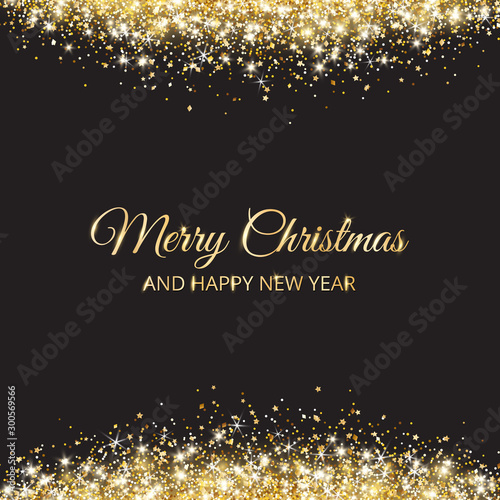 Merry Christmas and New Year card design. Gold glitter decoration on black background