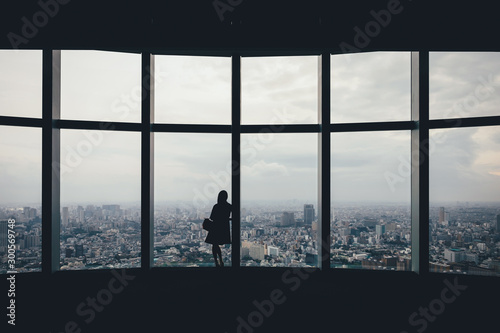 Rear view of woman looking at cityscape through window photo