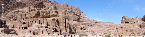 Panoramic view in Petra in Jordan, UNESCO World Heritage Site, a historical archaeological park with caves, temples, and tombs reveal human civilization and Nabataean caravan-city.